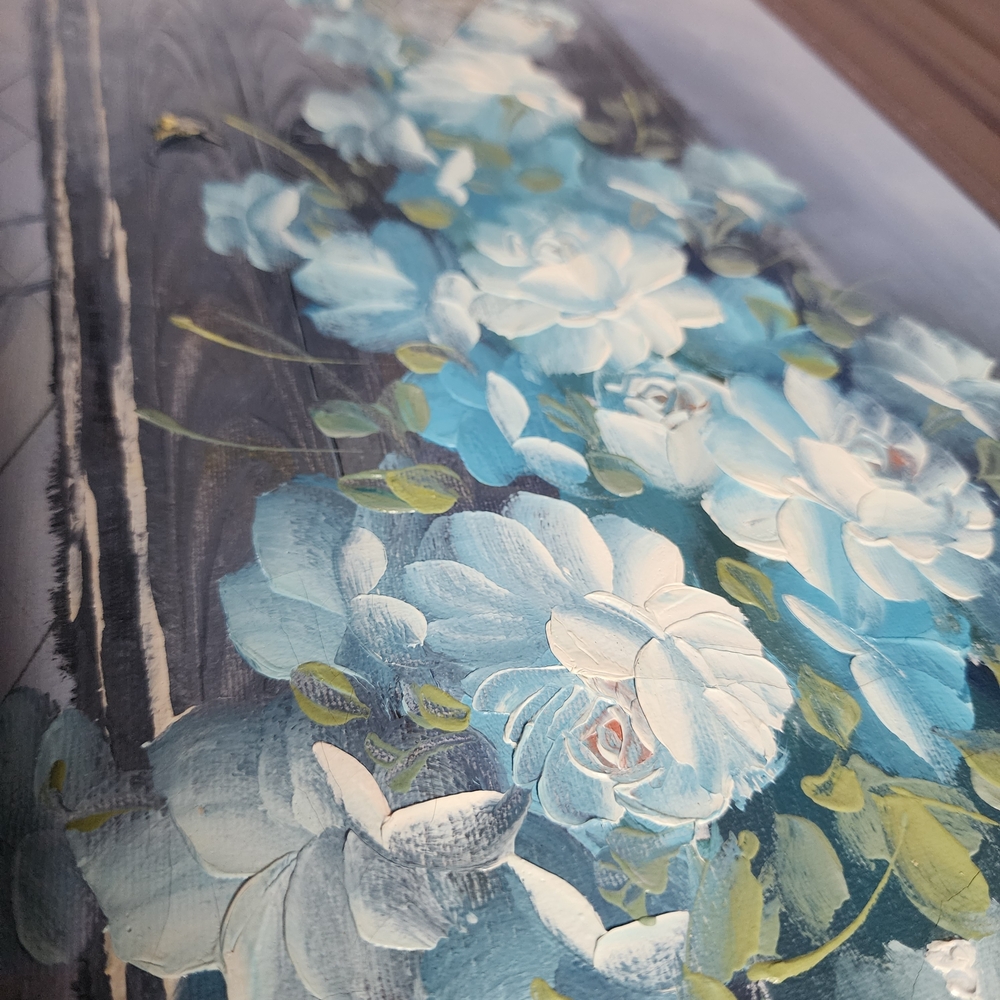 Vintage B. Sokal Blue Floral Oil Painting Textured Palette Knife Framed Wall Art - Picture 3 of 8